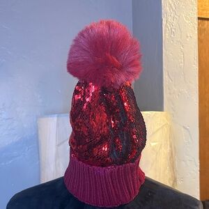 Red Sequin Pom Pom Beanie